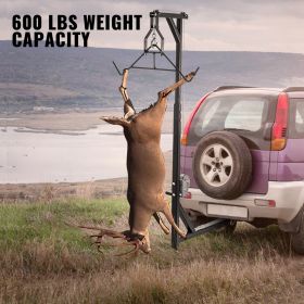 VEVOR Hitch Mounted Deer Hoist, 600lbs Capacity Hitch Game Hoist, 2'' Truck Hitch Deer Hoist with Winch Lift Gambrel Set, Foot Base, Adjustable Height