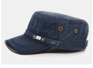 Flat-top Leather-trimmed Vintage Cotton Hat Adjustable -Blue