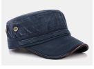 Flat-top Leather-trimmed Vintage Cotton Hat Adjustable -Blue