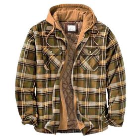 Cotton Men's Plaid Striped Loose Hooded Long-sleeved Coat Jacket (Option: Coffee-M)