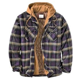 Cotton Men's Plaid Striped Loose Hooded Long-sleeved Coat Jacket (Option: Purple-M)