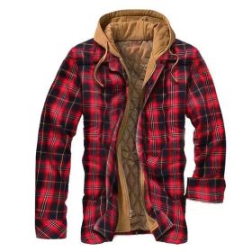 Cotton Men's Plaid Striped Loose Hooded Long-sleeved Coat Jacket (Option: Red-M)