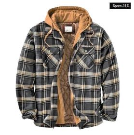 Cotton Men's Plaid Striped Loose Hooded Long-sleeved Coat Jacket (Option: Khaki-XL)
