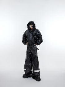 Small Group Deconstructed Plush Patchwork PU Leather Cotton Suit (Option: Black-XL)
