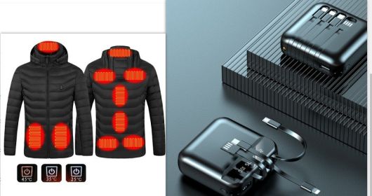 New Heated Jacket Coat USB Electric Jacket Cotton Coat Heater Thermal Clothing Heating Vest Men's Clothes Winter (Option: Black Zone9set-6XL)