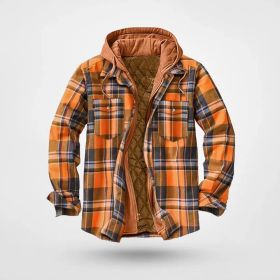 Cotton Men's Plaid Striped Loose Hooded Long-sleeved Coat Jacket (Option: Orange Red-XL)