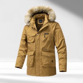 Men's Hooded Cotton-padded Winter Thickened Washed Overalls Warm Big Fur Collar Coat (Option: Dark Khaki-XL)