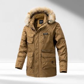 Men's Hooded Cotton-padded Winter Thickened Washed Overalls Warm Big Fur Collar Coat (Option: Khaki-XL)