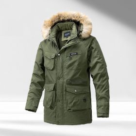 Men's Hooded Cotton-padded Winter Thickened Washed Overalls Warm Big Fur Collar Coat (Option: Army Green-XL)