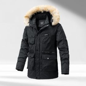 Men's Hooded Cotton-padded Winter Thickened Washed Overalls Warm Big Fur Collar Coat (Option: Black-XL)