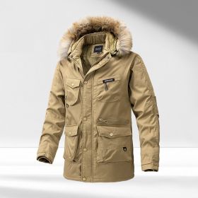 Men's Hooded Cotton-padded Winter Thickened Washed Overalls Warm Big Fur Collar Coat (Option: Light Khaki-2XL)