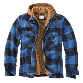 Cotton Men's Plaid Striped Loose Hooded Long-sleeved Coat Jacket (Option: Dark Blue-L)